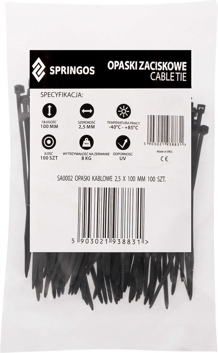 Springos Kabelbinders | Tie Wraps | Tyraps | Tie Rips | 100 x 2.5 mm | 100 stuks | Zwart