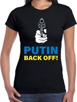 Putin back off t-shirt zwart dames - pistool- Oekraine protest/ demonstratie shirt met Oekraiense vlag in letters M