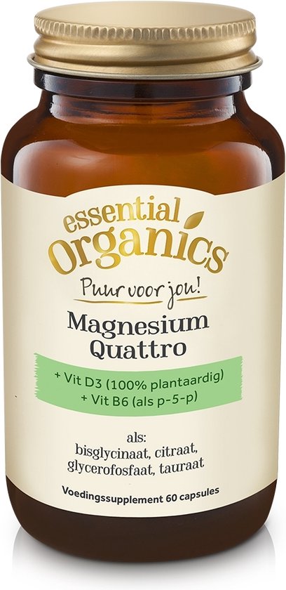 Bruine glazen pot Essential Organics Magnesium Quattro supplement met gouden dop, 60 capsules.