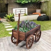 houten plantenbak op wielen, bloemenkruiwagen met verstelbaar handvat en afvoergat