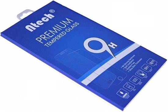 Blauwe verpakking van Ntech Premium Tempered Glass screenprotector, met icoontjes en tekst.