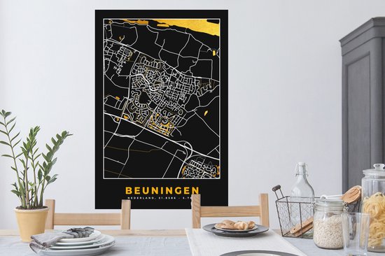 Stickers muraux - Beuningen - Black and Gold et Or - Carte - Plan d'étage - Plan de la ville - 80x120 cm - Feuille adhésive