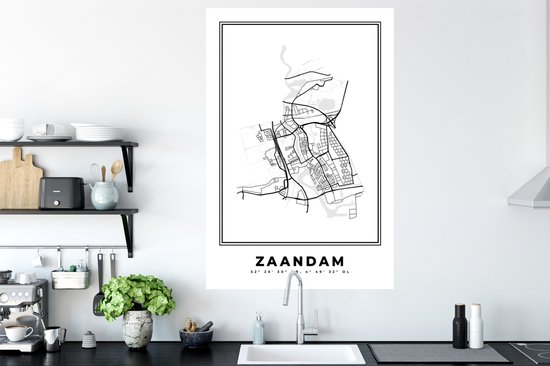 Stickers muraux - Plan de la ville - Zwart Wit - Carte - Zaandam - Nederland - Carte - 80x120 cm - Feuille adhésive