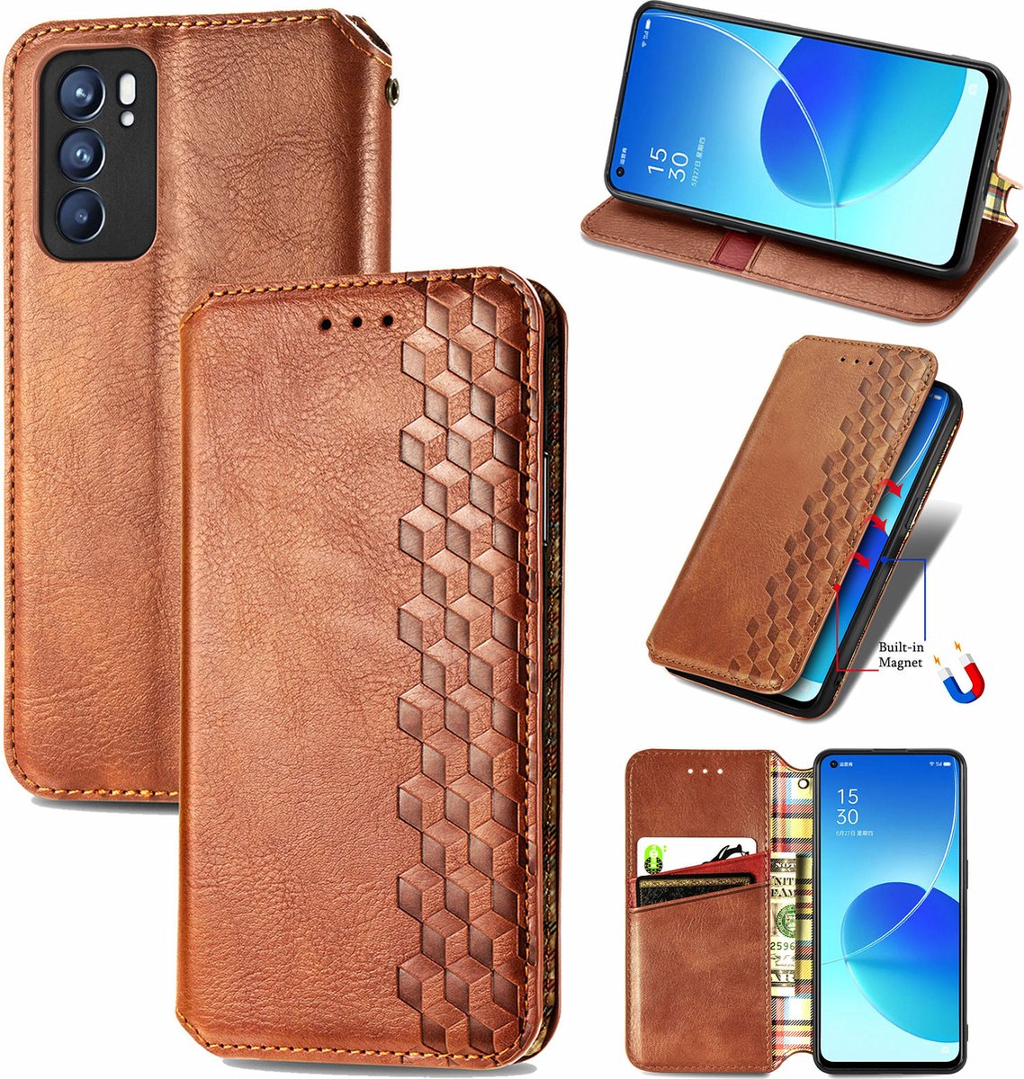 Luxe PU Lederen Ruitpatroon Wallet Case + PMMA Screenprotector voor OPPO Reno6 5G _ Bruin