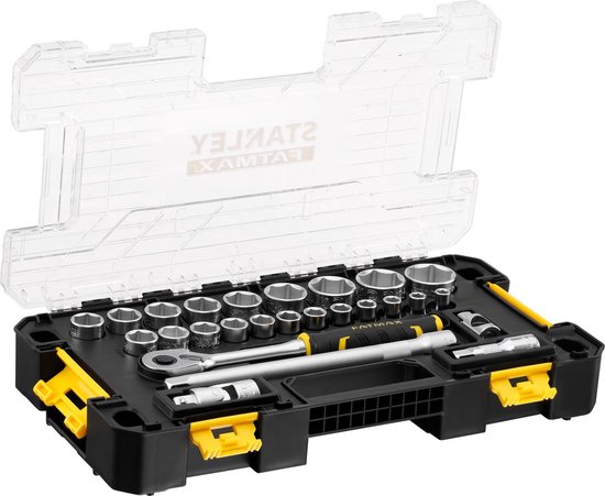 Stanley FatMax 26-delige doppenset in zwarte koffer met gele accenten, deels geopend met gereedschap zichtbaar.