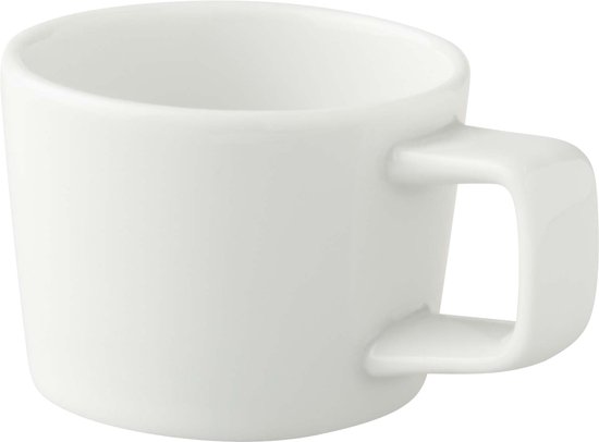 Witte, compacte mok met een rechthoekig oor.