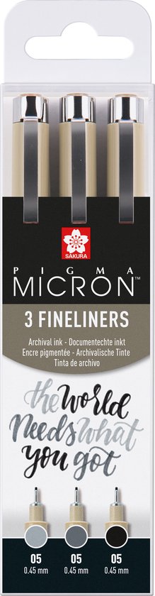 Set feutre fin Sakura Pigma Micron 05, 3 stylos, noir & gris