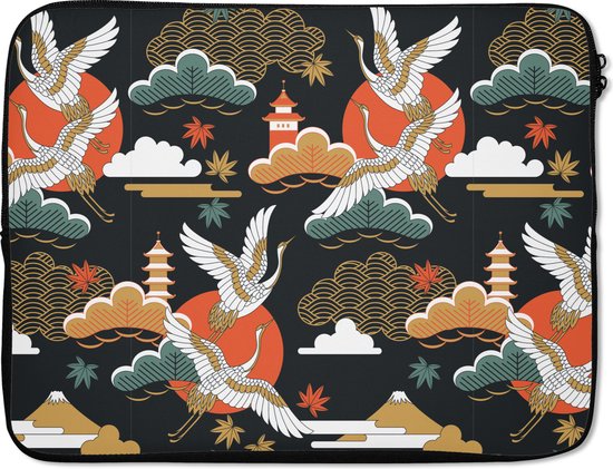 Laptophoes met een patroon van kraanvogels, rode cirkels, pagodes, wolken en bergen.