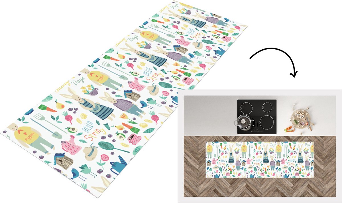 KitchenYeah Keukenloper - Loper keuken - Patronen - Konijn - Lente - Tuin - 150x50 cm - Keukenloper vinyl Multicolor