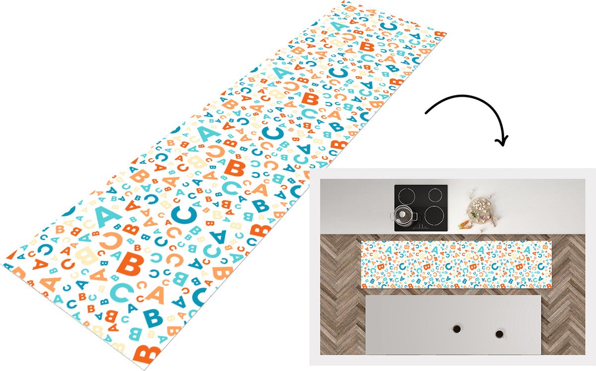 KitchenYeah Keukenloper - Loper keuken - Letters - Abc - Oranje - Blauw - Patronen - 240x60 cm - Keukenloper vinyl Multicolor