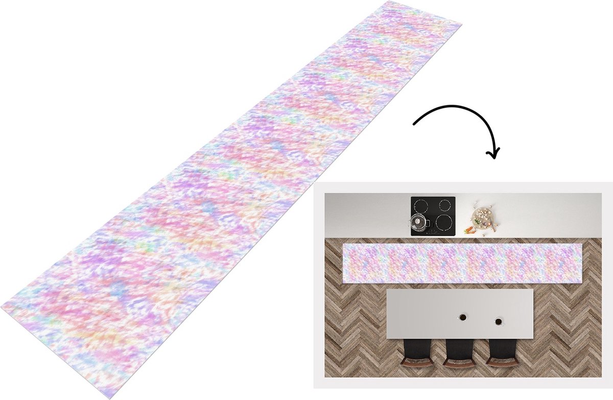 KitchenYeah Keukenloper - Loper keuken - Regenboog - Verf - Patroon - Tie dye - 300x50 cm - Keukenloper vinyl Multicolor