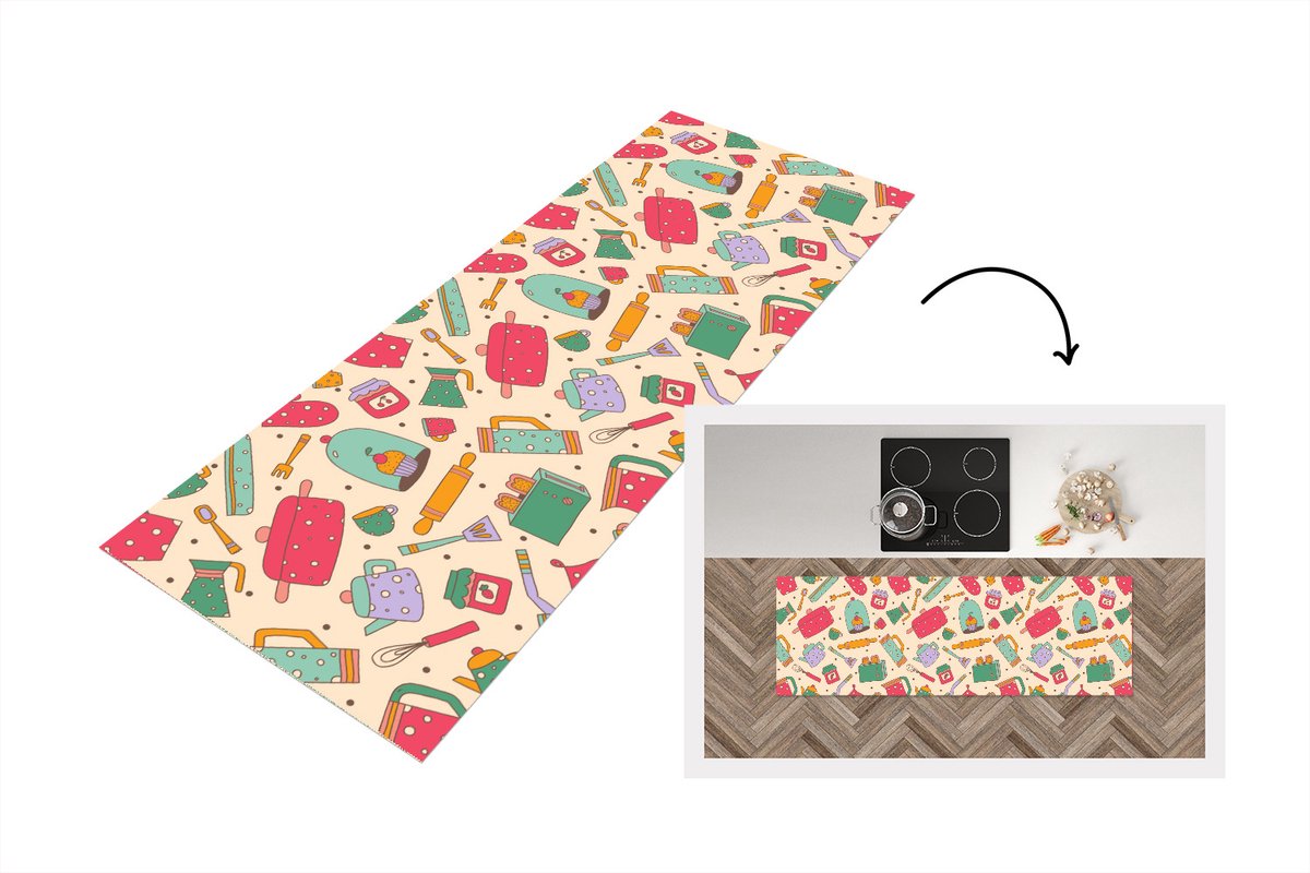 KitchenYeah Keukenloper - Loper keuken - Keuken - Thee - Patronen - 180x60 cm - Keukenloper vinyl Multicolor