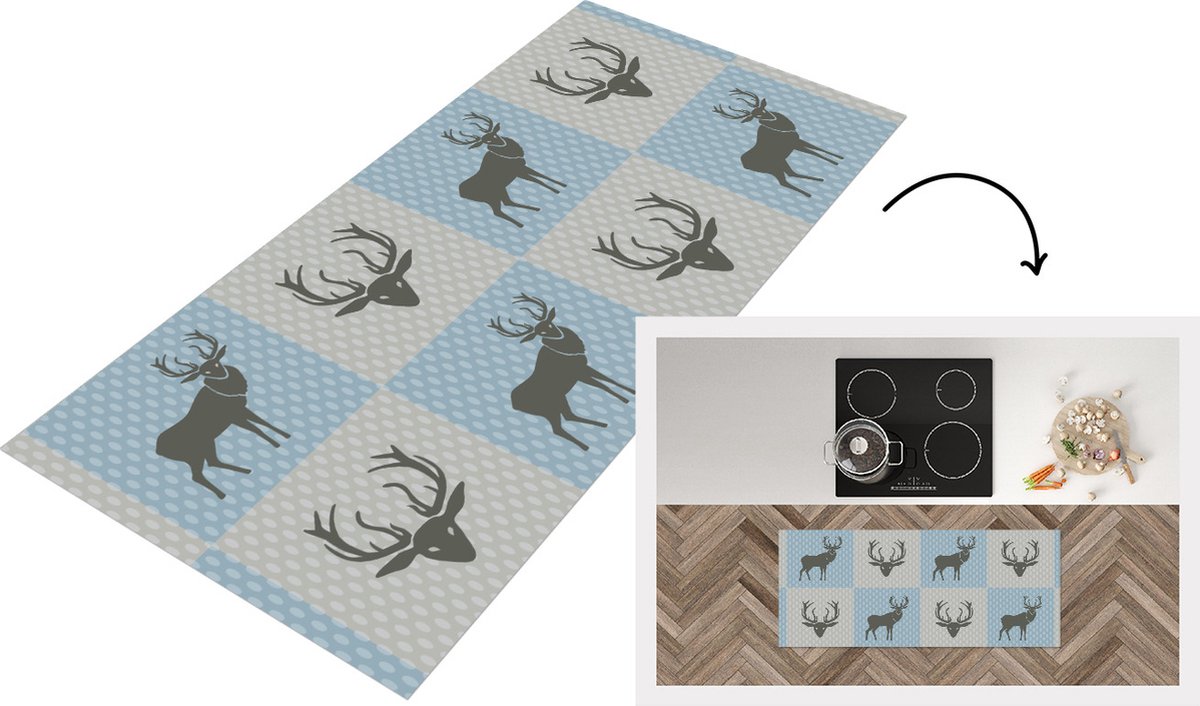KitchenYeah Keukenloper - Loper keuken - Hert - Stippen - Blauw - Keukenloper vinyl Multicolor