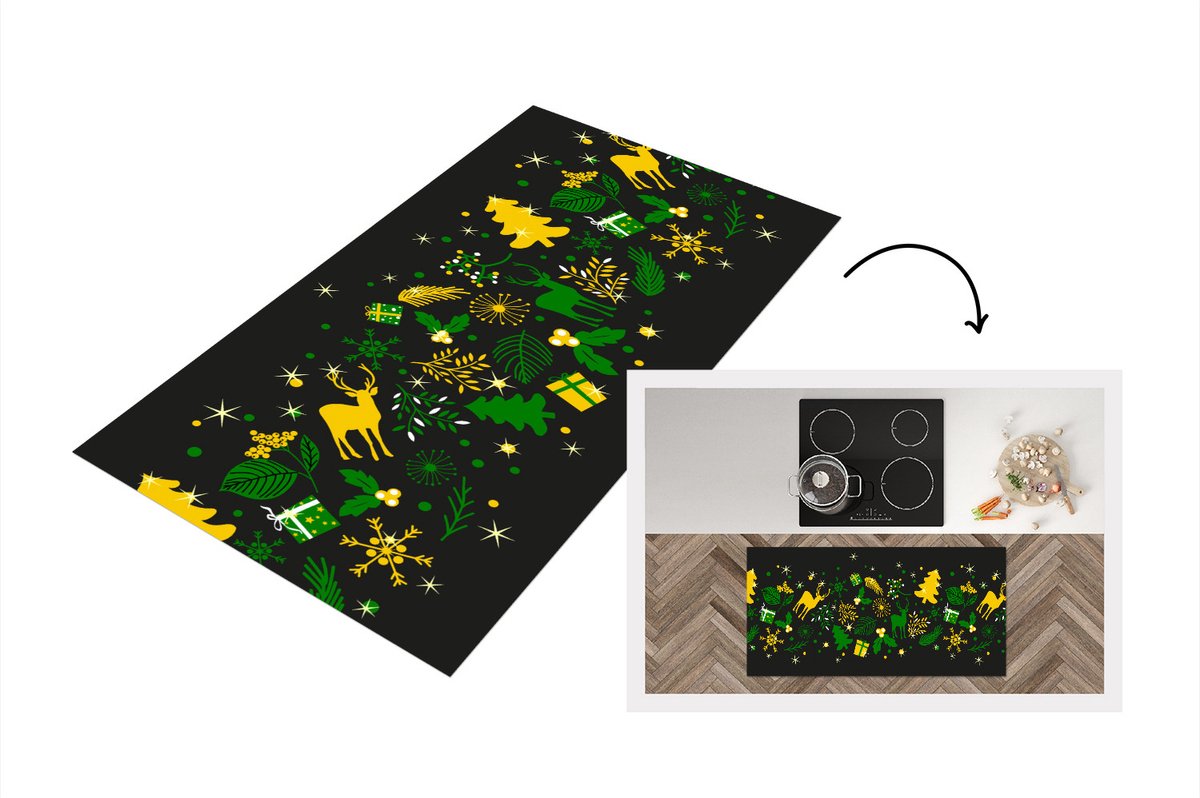 KitchenYeah Keukenloper - Loper keuken - Kerst - Patroon - Hert - 120x60 cm - Keukenloper vinyl Multicolor