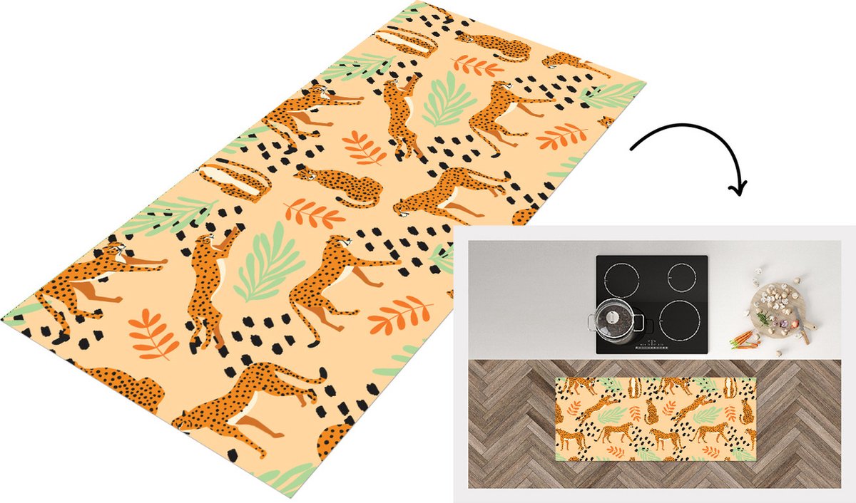 KitchenYeah Keukenloper - Loper keuken - Patroon - Jachtluipaard - Bladeren - 120x50 cm - Keukenloper vinyl Multicolor
