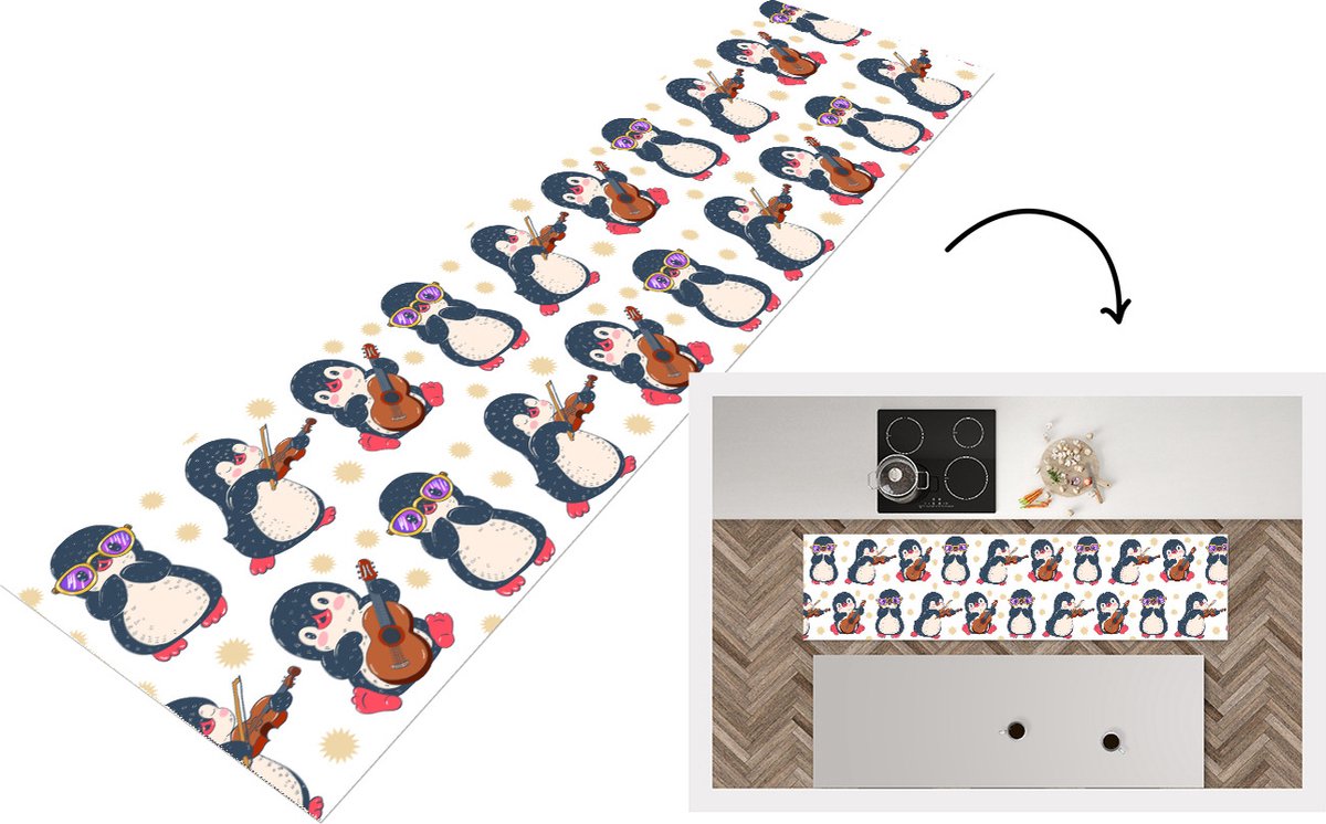 KitchenYeah Keukenloper - Loper keuken - Pinguïn - Muziek - Gitaar - Kinderen - Patroon - 200x50 cm - Keukenloper vinyl Multicolor