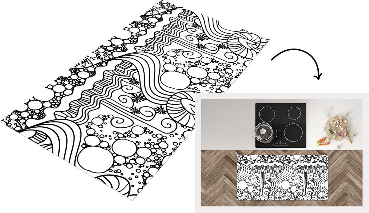 KitchenYeah Keukenloper - Loper keuken - Patronen - Abstract - Line Art - Zwart Wit - 120x60 cm - Keukenloper vinyl Zwart; Wit