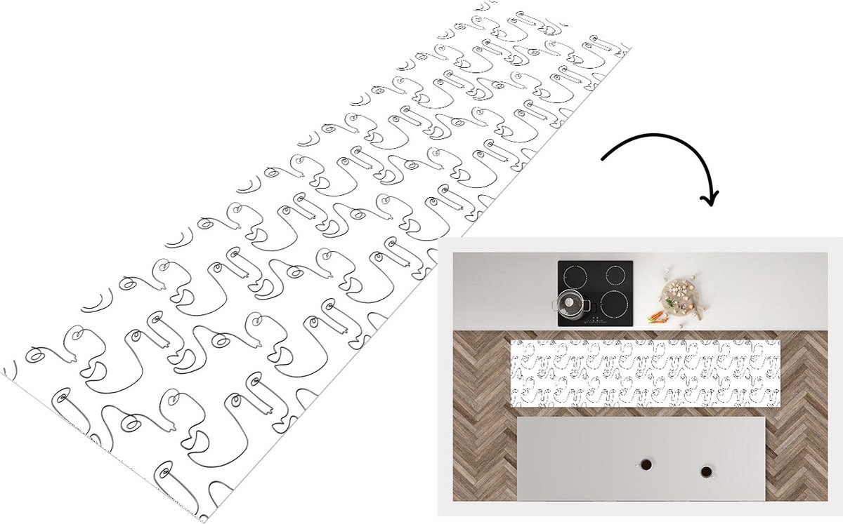 KitchenYeah Keukenloper - Loper keuken - Line Art - Gezicht - Patronen - 240x60 cm - Keukenloper vinyl Multicolor