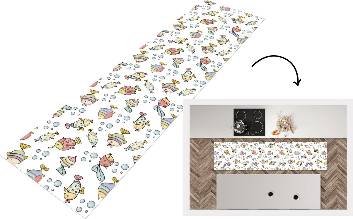 KitchenYeah Keukenloper - Loper keuken - Aquarium - Patronen - Vissen - Kinderen - Pastel - 200x50 cm - Keukenloper vinyl Multicolor