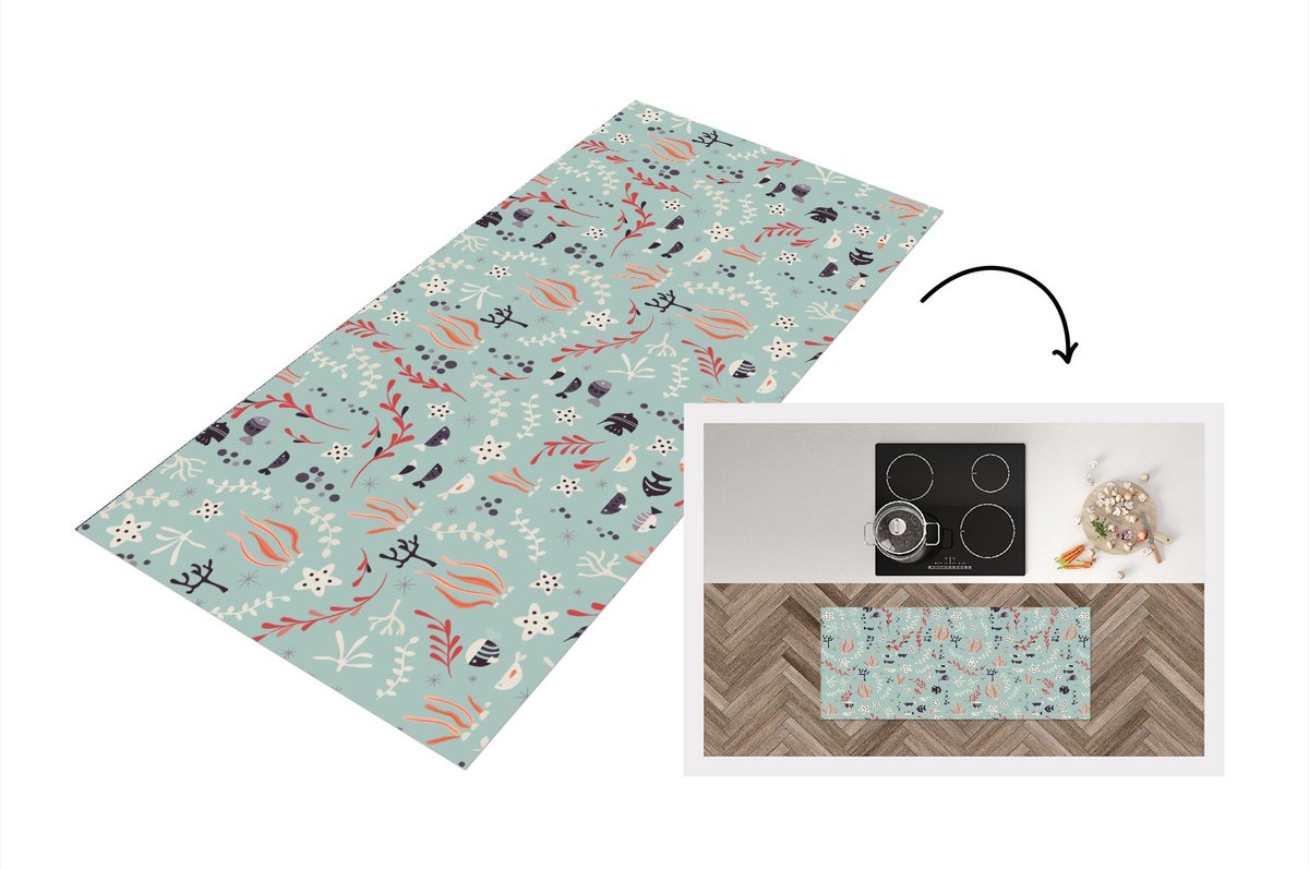 KitchenYeah Keukenloper - Loper keuken - Onderwater - Planten - Zeedieren - Patroon - 120x50 cm - Keukenloper vinyl Multicolor