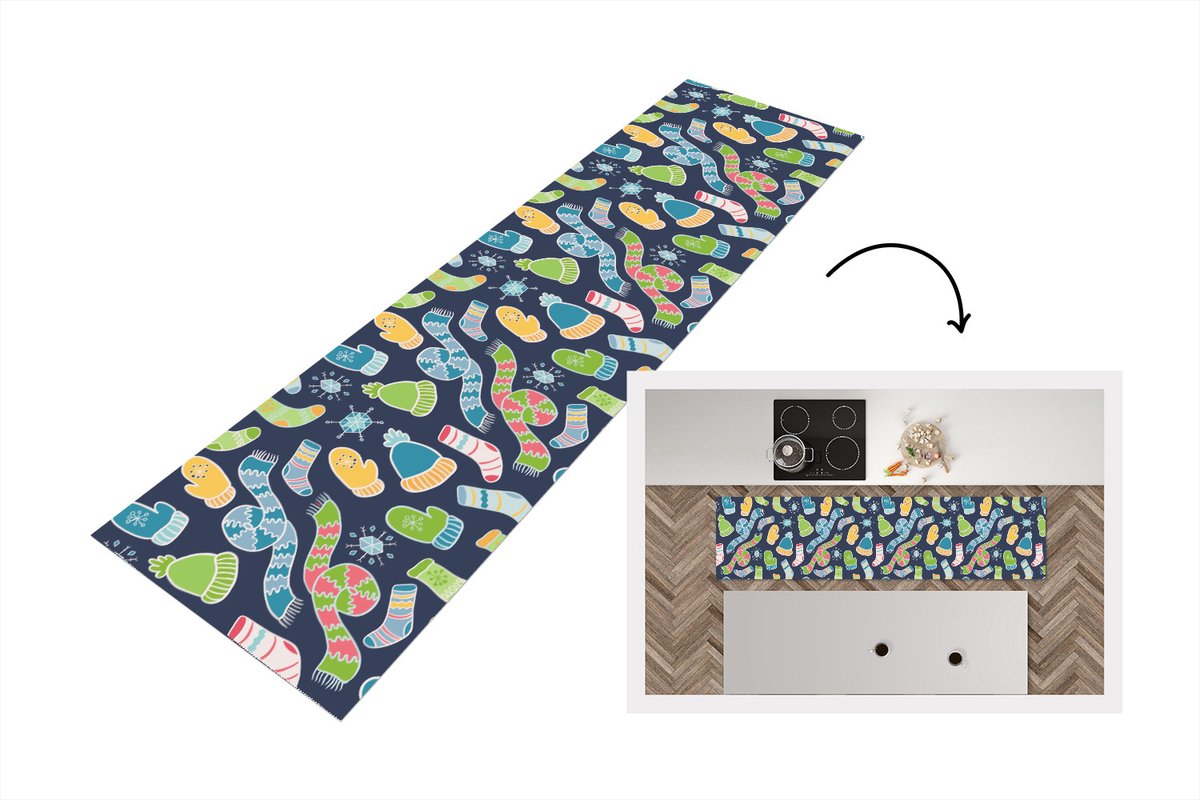 KitchenYeah Keukenloper - Loper keuken - Sjaal - Handschoenen - Muts - Regenboog - Winter - Patronen - 240x60 cm - Keukenloper vinyl Multicolor