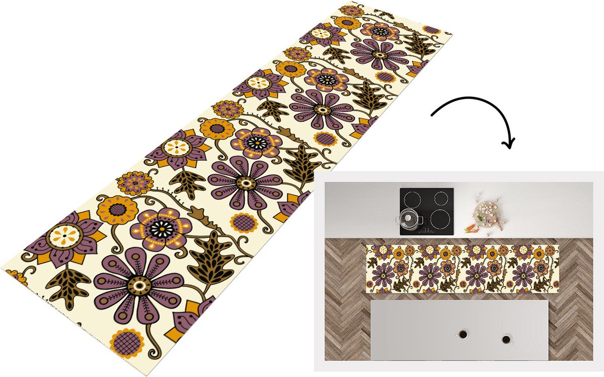 KitchenYeah Keukenloper - Loper keuken - Bloemen - Bohemian - Vintage - Cartoon - 240x60 cm - Keukenloper vinyl Multicolor