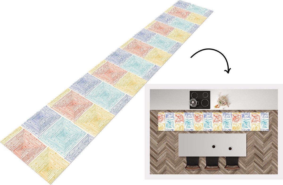 KitchenYeah Keukenloper - Loper keuken - Labyrint - Pastel - Stippen - Patroon - 300x50 cm - Keukenloper vinyl Multicolor