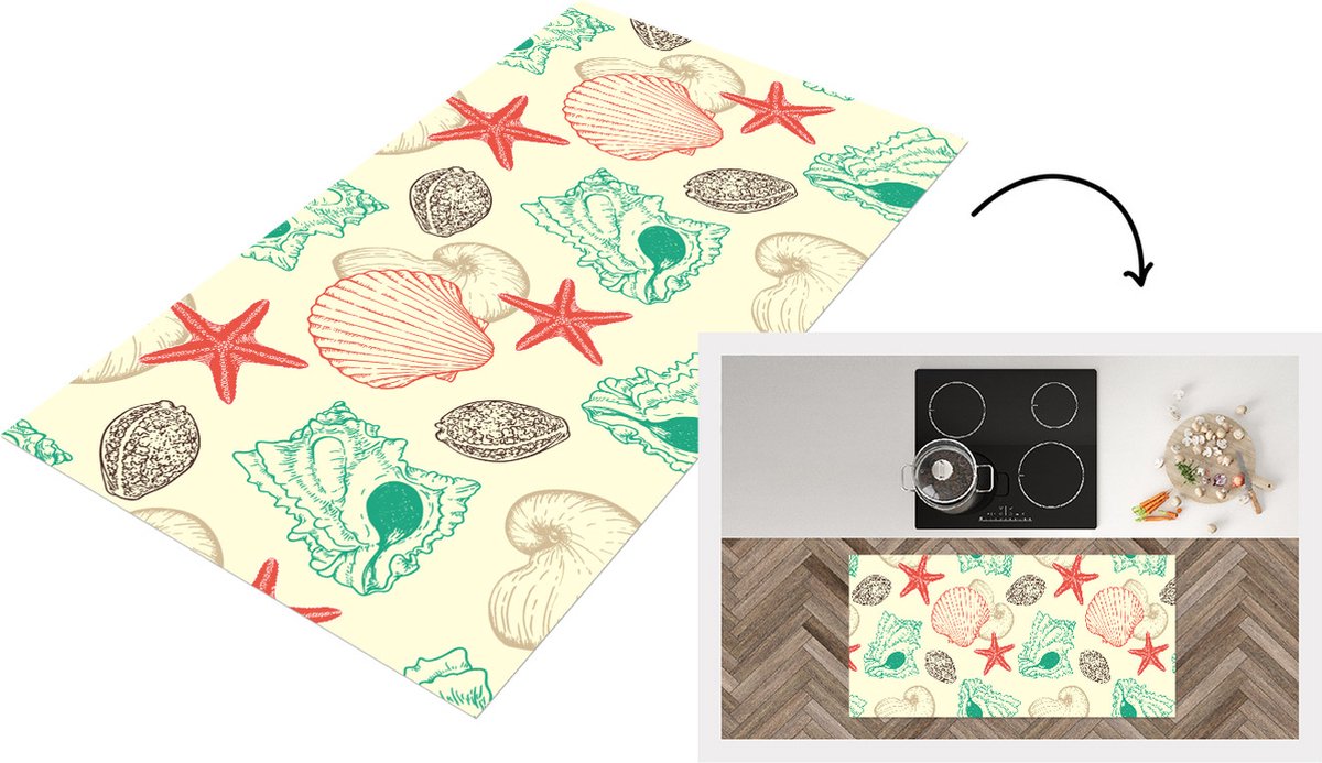 KitchenYeah Keukenloper - Loper keuken - Schelpen - Zeester - Strand - Vintage - Patroon - 120x60 cm - Keukenloper vinyl Multicolor