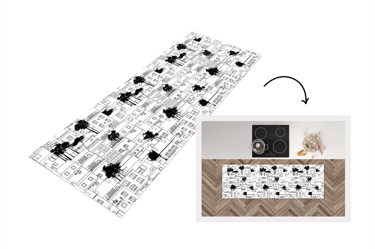 KitchenYeah Keukenloper - Loper keuken - Patronen - Bomen - Huis - 180x60 cm - Keukenloper vinyl Multicolor