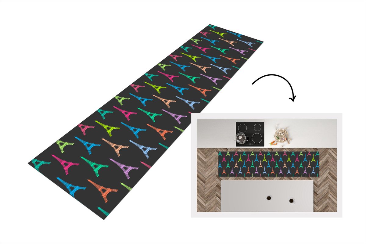 KitchenYeah Keukenloper - Loper keuken - Eiffeltoren - Patronen - Parijs - 200x50 cm - Keukenloper vinyl Multicolor