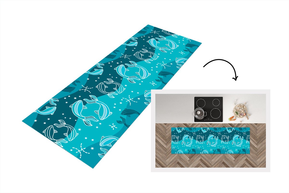KitchenYeah Keukenloper - Loper keuken - Vissen - Zodiac - Design - 150x50 cm - Keukenloper vinyl Multicolor