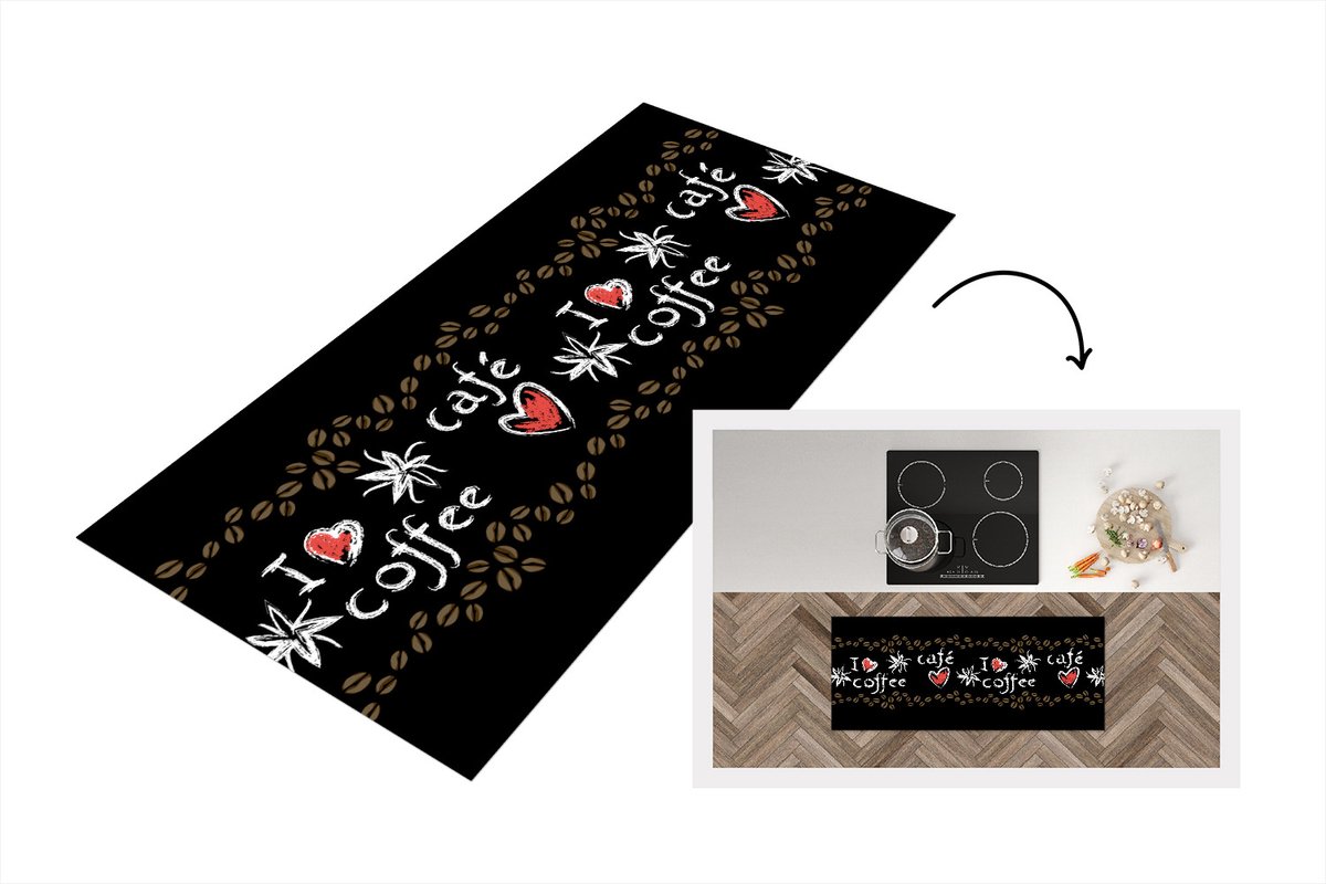 KitchenYeah Keukenloper - Loper keuken - Koffie - Patronen - Love - 120x50 cm - Keukenloper vinyl Multicolor