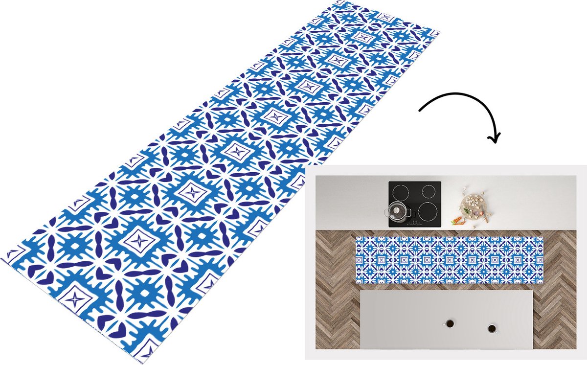 KitchenYeah Keukenloper - Loper keuken - Vector - Blauw - Tegels - Patronen - 200x50 cm - Keukenloper vinyl Multicolor