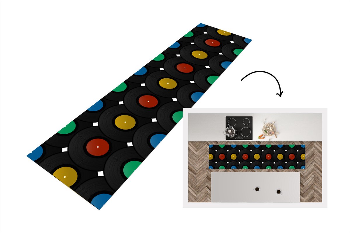 KitchenYeah Keukenloper - Loper keuken - Platen - Muziek - Patronen - 200x50 cm - Keukenloper vinyl Multicolor