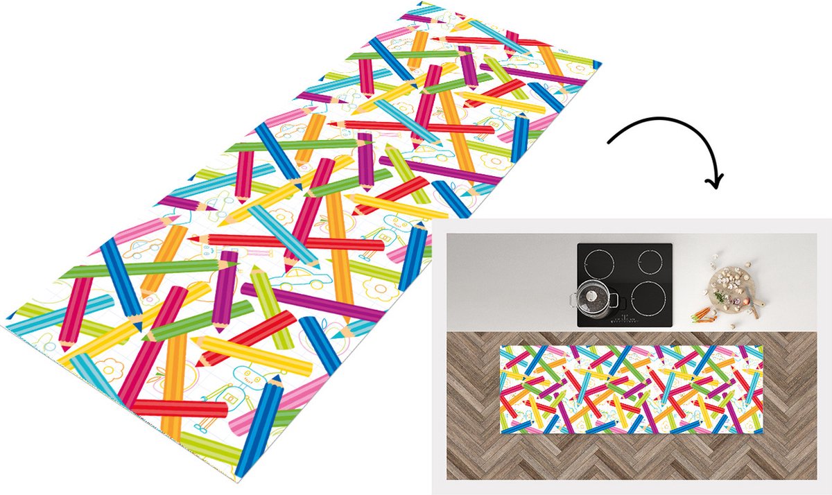 KitchenYeah Keukenloper - Loper keuken - Potlood - Patronen - Regenboog - 150x50 cm - Keukenloper vinyl Multicolor