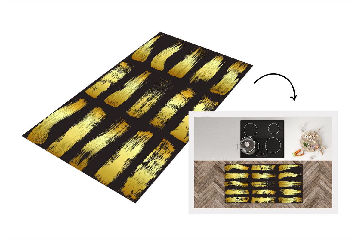 KitchenYeah Keukenloper - Loper keuken - Gouden strepen op een zwarte achtergrond - 120x60 cm - Keukenloper vinyl Multicolor