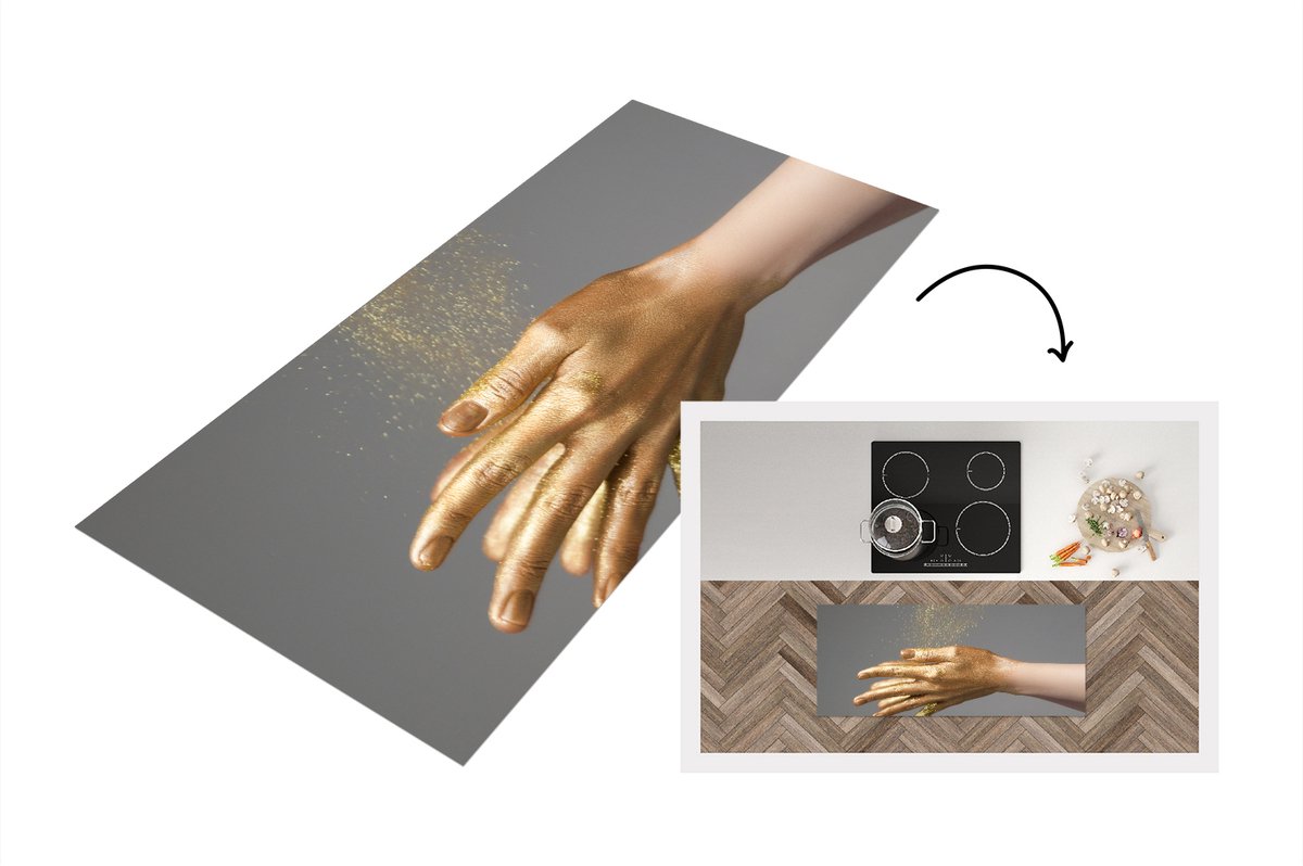 KitchenYeah Keukenloper - Loper keuken - Vrouw met goud geverfde handen en een wolk van glitters - Keukenloper vinyl Multicolor