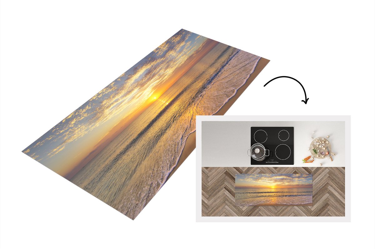 KitchenYeah Keukenloper - Loper keuken - Strand - Zonsondergang - Zee - 120x50 cm - Keukenloper vinyl Multicolor