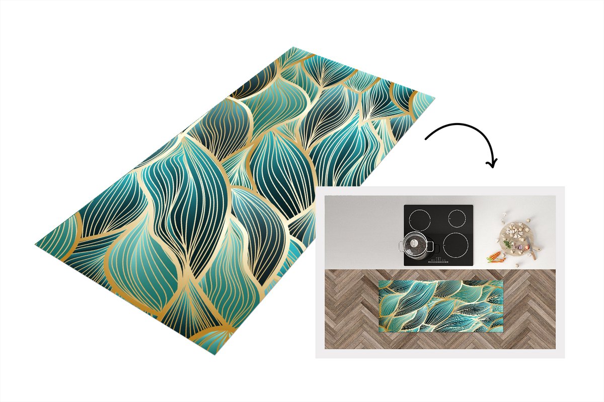 KitchenYeah Keukenloper - Loper keuken - Gouden golven op een blauwe achtergrond - 120x50 cm - Keukenloper vinyl Multicolor
