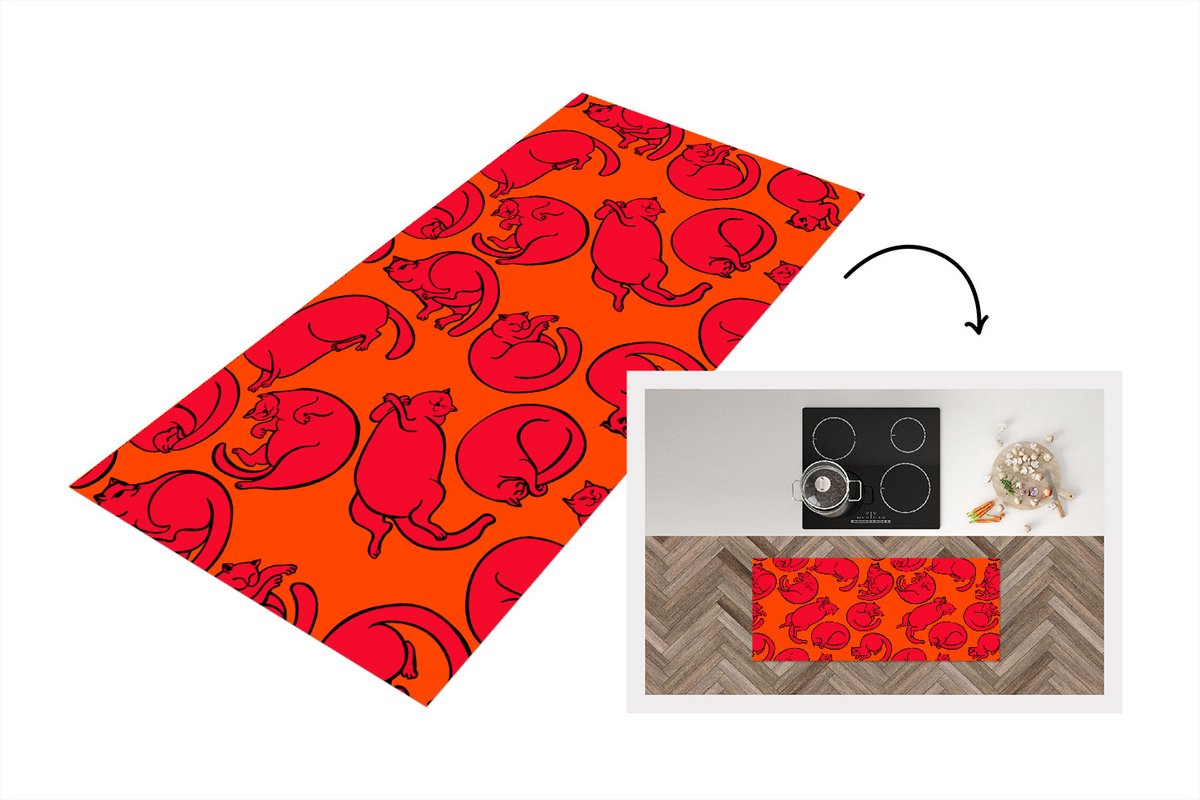 KitchenYeah Keukenloper - Loper keuken - Patronen - Kat - Oranje - 120x50 cm - Keukenloper vinyl Multicolor