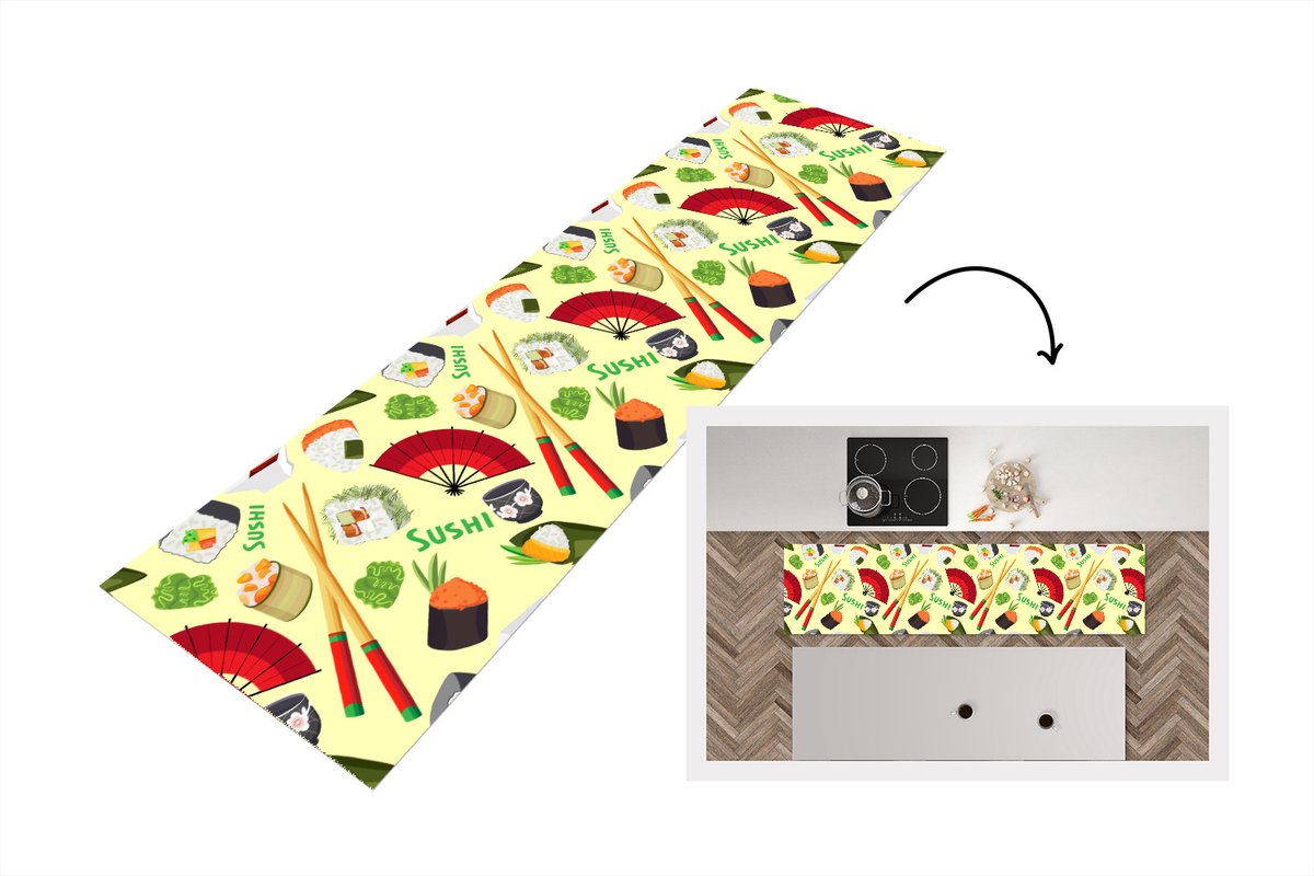 KitchenYeah Keukenloper - Loper keuken - Sushi - Japan - Patronen - 200x50 cm - Keukenloper vinyl Multicolor