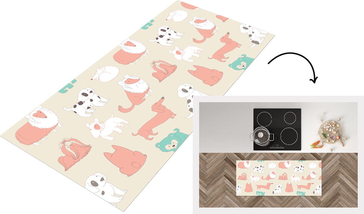 KitchenYeah Keukenloper - Loper keuken - Patroon - Hond - Puppy - 120x50 cm - Keukenloper vinyl Multicolor