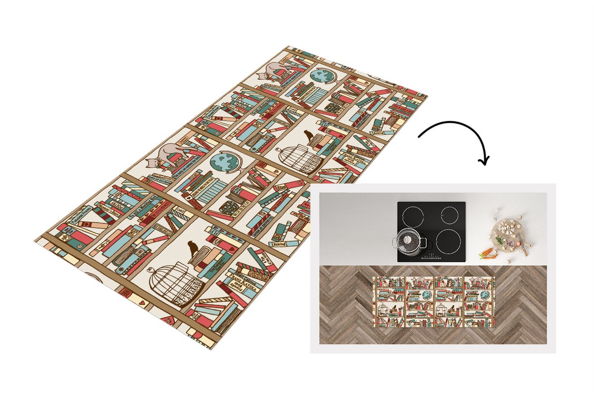 KitchenYeah Keukenloper - Loper keuken - Kat - Boek - Kast - 120x50 cm - Keukenloper vinyl Multicolor