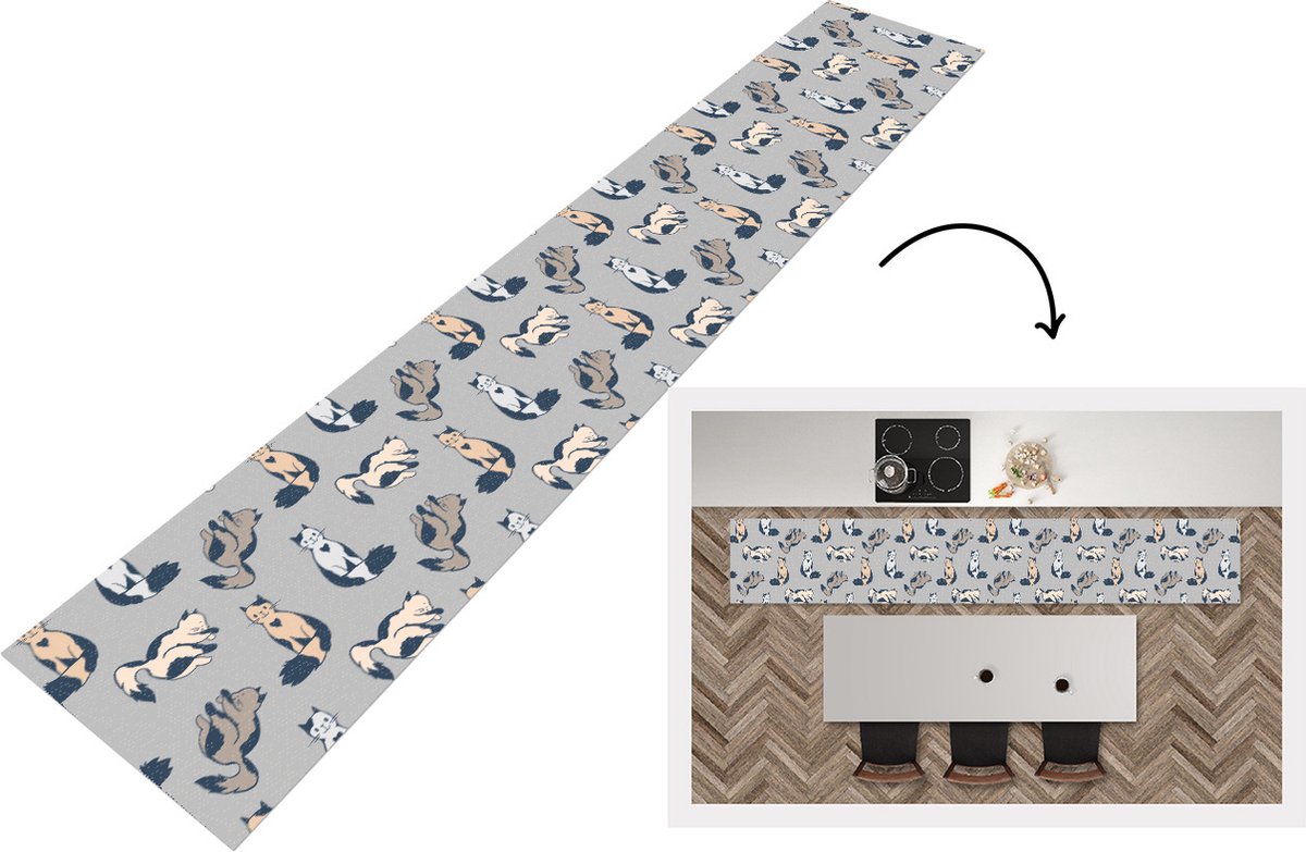 KitchenYeah Keukenloper - Loper keuken - Patroon - Kat - Hart - 300x50 cm - Keukenloper vinyl Multicolor