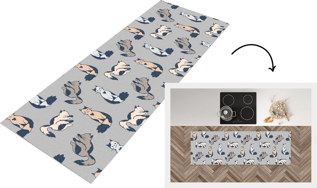 KitchenYeah Keukenloper - Loper keuken - Patroon - Kat - Hart - 180x60 cm - Keukenloper vinyl Multicolor