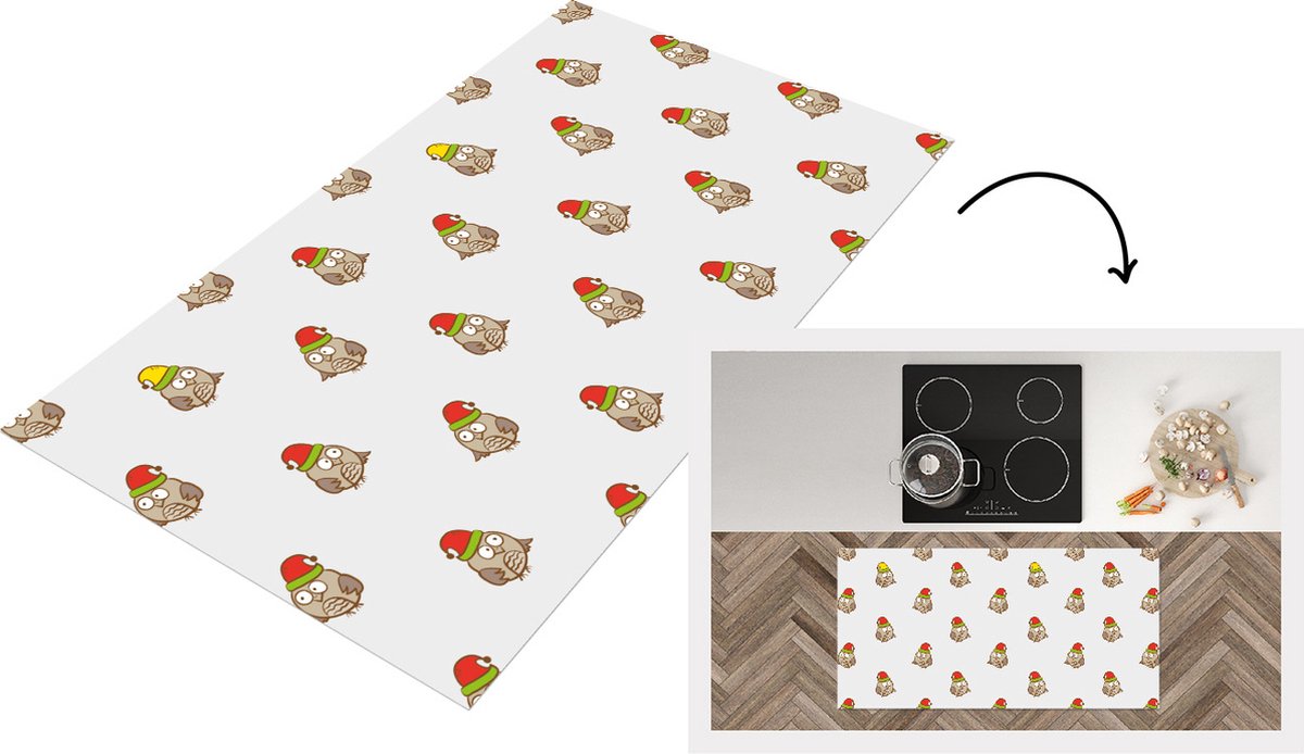 KitchenYeah Keukenloper - Loper keuken - Uil - Kerstmuts - Cartoon - Kind - Design - 120x60 cm - Keukenloper vinyl Multicolor