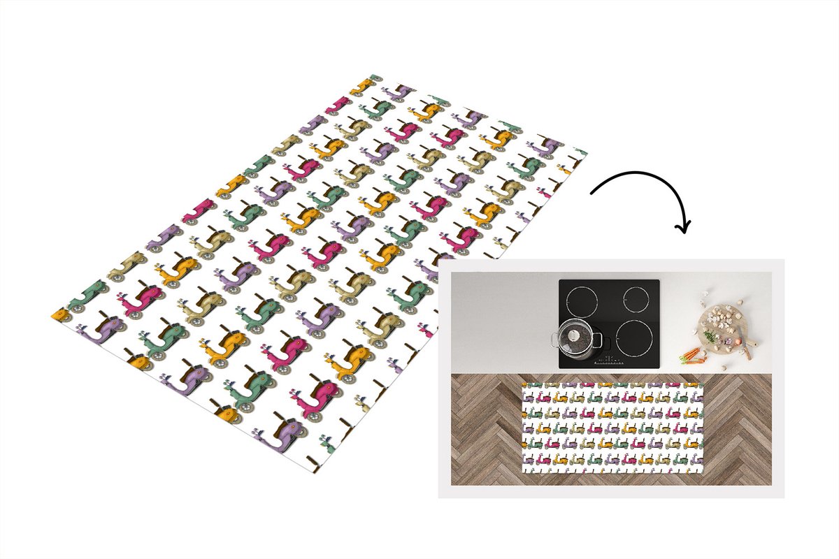 KitchenYeah Keukenloper - Loper keuken - Patroon - Tiener - Scooter - Reizen - 120x60 cm - Keukenloper vinyl Multicolor