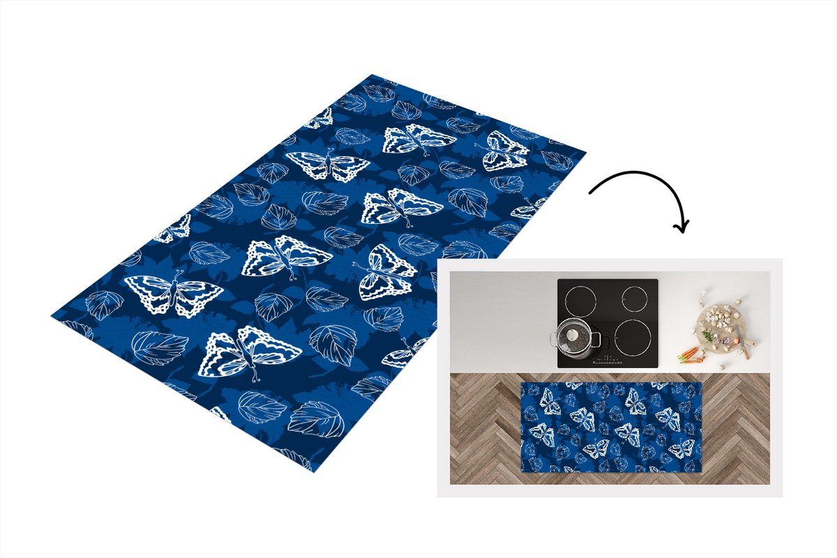 KitchenYeah Keukenloper - Loper keuken - Vlinder - Insecten - Blauw - Wit - Design - 120x60 cm - Keukenloper vinyl Multicolor
