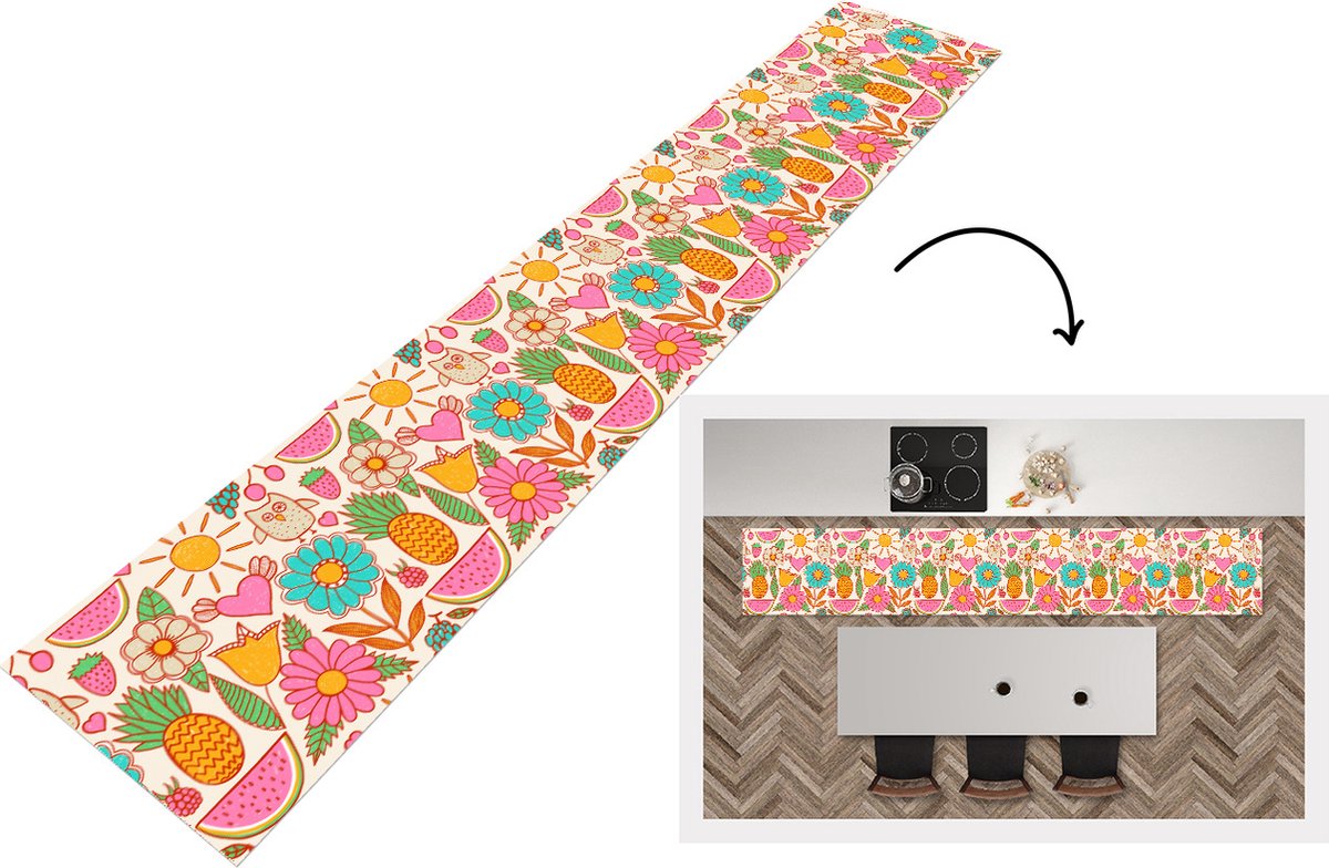 KitchenYeah Keukenloper - Loper keuken - Uil - Regenboog - Bloemen - Kinderen - Patroon - 300x50 cm - Keukenloper vinyl Multicolor