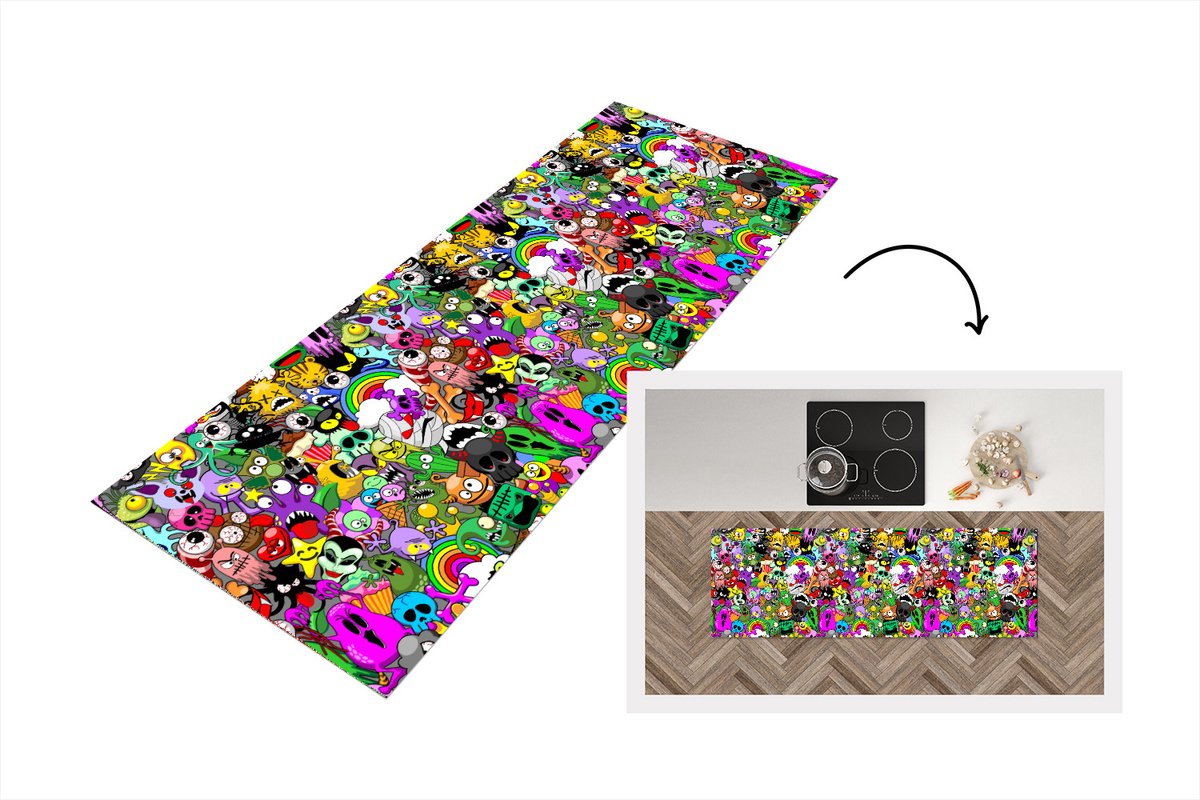 KitchenYeah Keukenloper - Loper keuken - Tieners - Monster - Doodle - Patronen - 150x50 cm - Keukenloper vinyl Multicolor